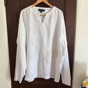 90s Vintage METAFUORI | White Ramie Embroidered Breezy Tunic | 2X